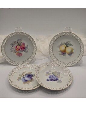 Set of 4 Schumann Arzberg Reticulated Porcelain Fruit Plates, Bavaria 1950s